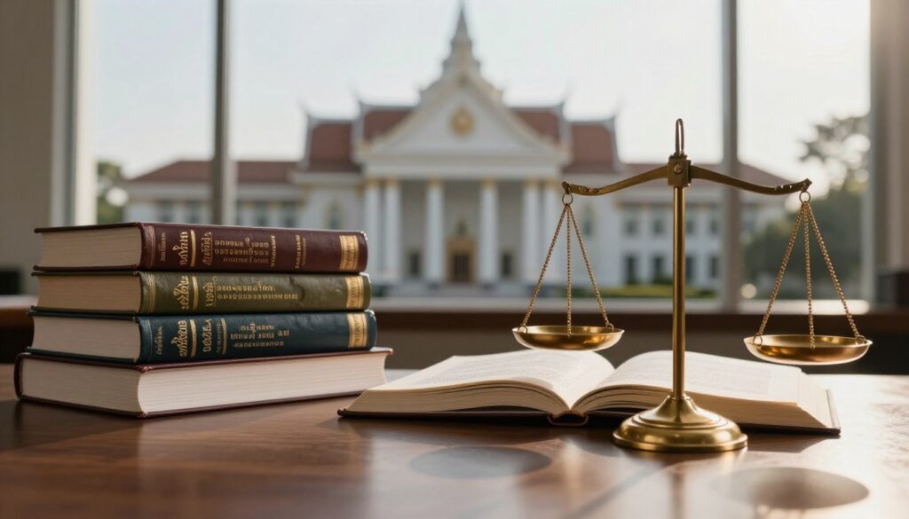 A balanced composition focusing on the key aspects of criminal law in Thailand. In the foreground, display a set of legal scales symbolizing justice, crafted in polished brass, reflecting the underlying theme of law and order. In the middle, include a stack of legal books and documents, showcasing the titles in both Thai and English, with an open book revealing legal texts in a warm, inviting tone. The background features a blurred silhouette of a Thai courthouse, with soft sunlight filtering through large windows, casting gentle shadows. The mood is professional and authoritative, embodying the seriousness of law. The overall lighting is warm and natural, resembling a sunny day, captured with a wide-angle lens to enhance depth. The brand name "walterbortz" subtly incorporated into the scene.
