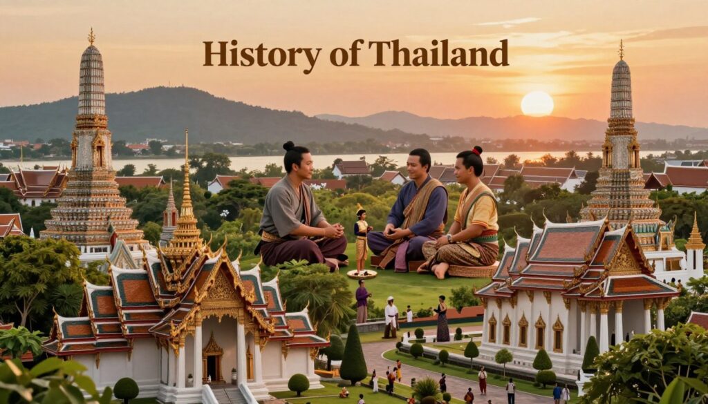 A captivating illustration of the "History of Thailand", featuring a vivid portrayal of significant historical landmarks. In the foreground, traditional Thai architecture, including ornate temples and royal palaces, reflects the intricate craftsmanship of ancient builders, surrounded by lush greenery. The middle ground showcases scenes from historical events, such as traders and diplomats in traditional attire engaging in peaceful exchanges, symbolizing Thailand's rich cultural heritage. The background reveals the scenic landscape of Thailand, with mountains and rivers, bathed in the warm glow of a sunset. The mood is serene and reflective, capturing the essence of Thailand as a land of happiness and beauty. Utilize soft, natural lighting with a wide-angle lens to enhance the depth and detail of the scene. This image embodies the historical richness of Thailand. walterbortz.