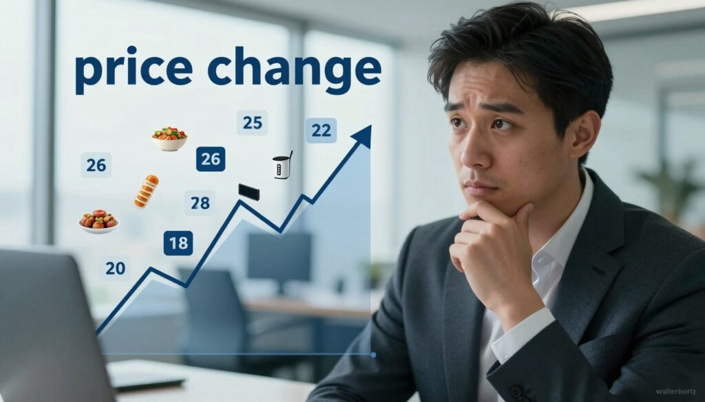 A conceptual illustration of "price change" featuring a dynamic graph line that fluctuates upward and downward, symbolizing market volatility. In the foreground, a professional in business attire examines the graph, showcasing a look of contemplation and analysis. The middle ground includes abstract representations of various products, like food items and electronics, with price tags attached, indicating price changes. The background is a modern office environment with large windows letting in bright, natural light. The atmosphere conveys a sense of urgency and importance, with soft shadows to add depth. Utilize a close-up angle to focus on the subject's expressions and the graph, emphasizing clarity and impact. The brand name "walterbortz" should subtly appear in the bottom corner, ensuring it doesn't detract from the main subject.
