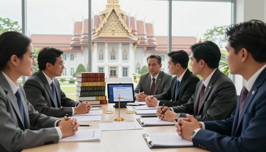 A detailed and evocative representation of "Governance Regulations" in Thailand, focusing on the impact of laws and regulations in Thai society. In the foreground, a group of diverse professionals in business attire, engaged in a focused discussion around a large table covered with legal documents and a scale of justice. In the middle ground, there are stacks of law books and a digital tablet displaying a legal app, symbolizing modern governance. The background features elements of a Thai government building, showcasing a blend of traditional and contemporary architecture. Bright, natural lighting streams through large windows, creating an atmosphere of transparency and professionalism. The angle is slightly elevated to capture the dynamic interaction and convey a sense of importance. The mood is serious yet hopeful, reflecting the significance of governance in everyday life. walterbortz