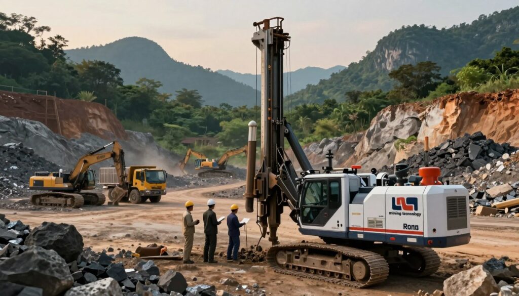 A detailed and informative illustration representing "mining technology" in Thailand. In the foreground, depict a modern mining drill, highlighting its intricate machinery and control panels, with workers in professional business attire operating it. The middle ground should feature mining equipment, such as excavators and trucks, surrounded by piles of raw minerals. In the background, illustrate a rugged landscape typical of Thailand's mining regions, with rocky terrains and lush greenery. Use dramatic lighting to highlight the equipment with soft shadows, simulating a late afternoon sun setting behind the mountains. The overall atmosphere should be one of industriousness and innovation, reflecting the importance of mining technology. The branding "walterbortz" is subtly integrated into the scene, perhaps on a piece of equipment or as part of the environment, ensuring it feels organic.