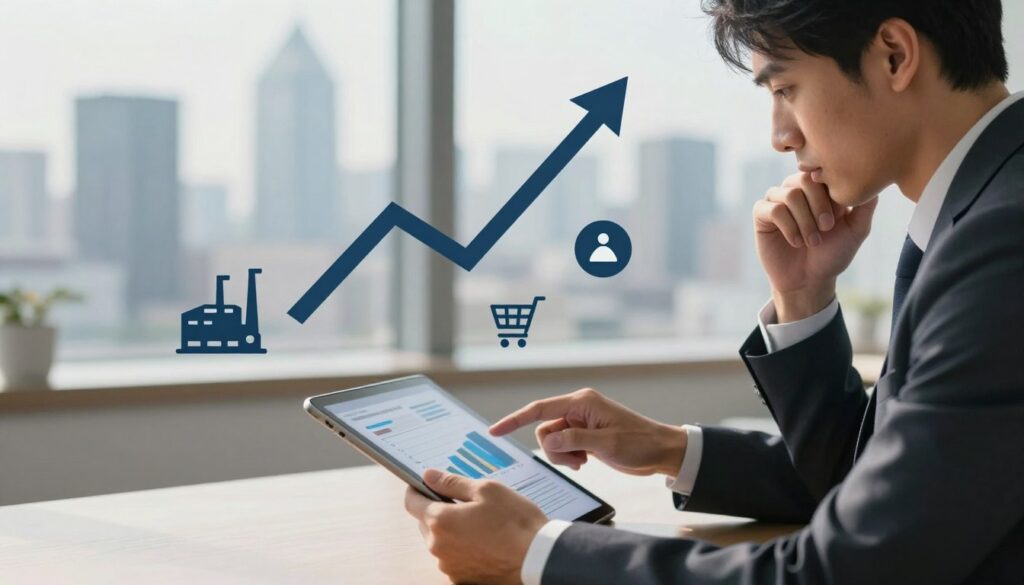 A detailed illustration of the causes of price changes, featuring a split scene. In the foreground, a business professional in smart attire analyzes charts and graphs on a sleek tablet, with a look of contemplation. The middle ground shows dynamic elements such as upward and downward arrows symbolizing inflation and deflation, alongside icons representing supply and demand, such as small factories and shopping carts. The background is a city skyline subtly blurred, suggesting economic activity. Soft, natural lighting illuminates the scene from the left, casting gentle shadows and creating an atmosphere of clarity and focus. The image conveys a mood of analysis and understanding, with a professional aesthetic suitable for a financial article. The branding "walterbortz" is incorporated into the design as a subtle watermark.