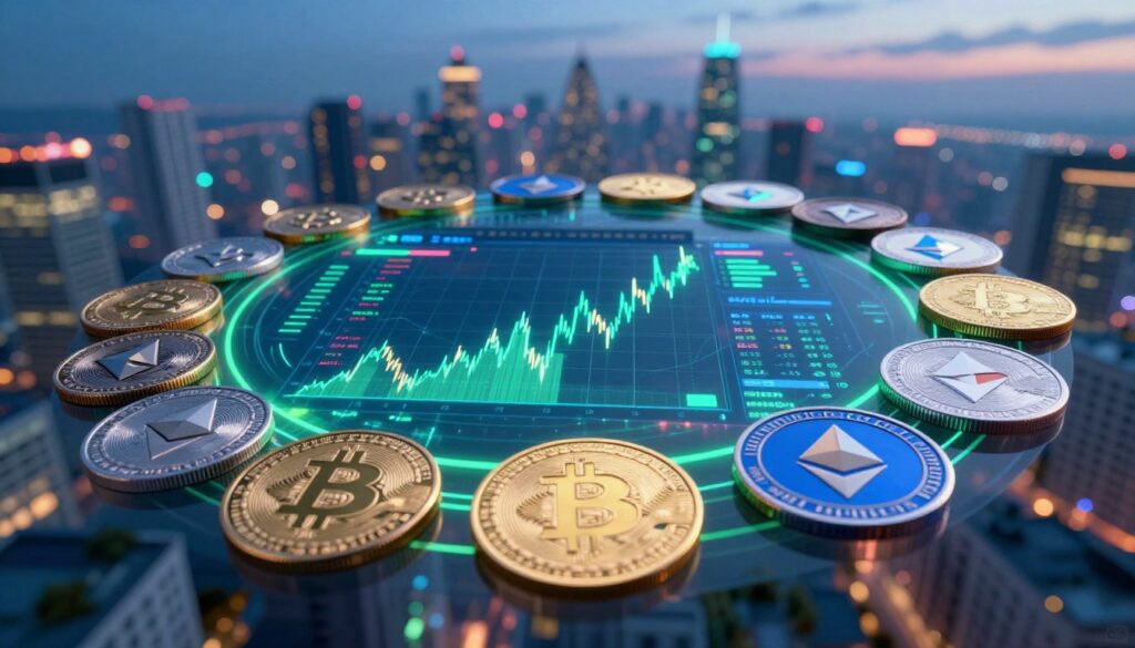 A digital art representation of cryptocurrency types, featuring a variety of coins including Bitcoin, Ethereum, and Litecoin prominently in the foreground, artistically arranged in a dynamic circle. The middle layer showcases a sleek, futuristic trading platform interface with fluctuating graphs and digital currency symbols. In the background, a city skyline at dusk, illuminated by colorful lights, representing the modern financial landscape. Soft blue and green lighting creates a tech-savvy atmosphere, while a slight lens flare adds depth. The angle captures an immersive view as if looking down from above, offering an expansive look into the world of digital currencies. The overall mood is innovative and forward-thinking, reflecting the exciting realm of cryptocurrency. The brand name "walterbortz" subtly integrated into the design elements.