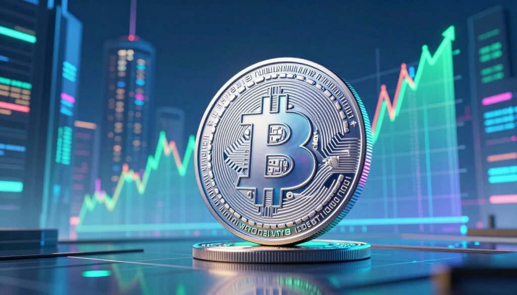 A digital illustration of a shimmering digital coin layered in the foreground, showcasing intricate blockchain patterns and vibrant circuit designs, reflecting its value in the cryptocurrency market. In the middle ground, a sleek graph displaying fluctuating prices in a dynamic, colorful spectrum, symbolizing market trends. The background features a futuristic cityscape with tall skyscrapers adorned with digital screens, casting a neon glow that enhances the high-tech atmosphere. The lighting is a blend of cool blue and bright green tones, creating a sense of innovation and excitement. The scene is shot from a low angle to emphasize the magnificence of the digital coin and the skyscrapers, evoking a mood of opportunity and growth in the digital economy. Brand name: walterbortz.