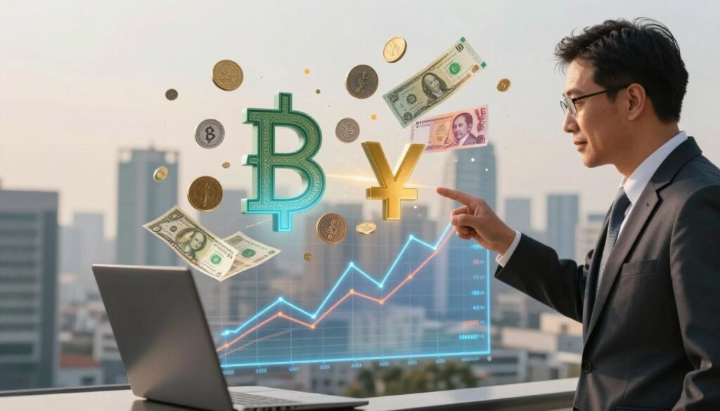 A dynamic and informative illustration showcasing the concept of foreign exchange rates, emphasizing the Thai currency. In the foreground, a knowledgeable businessperson in professional attire is analyzing a digital graph displaying fluctuating currency rates. In the middle ground, a large, stylized Thai baht symbol interacts with various international currencies like the US dollar, Euro, and Japanese yen, depicted as colorful coins and notes. The background features a soft-focus city skyline, hinting at an economic environment, under warm daylight that creates a sense of optimism and professionalism. The overall mood is one of clarity and understanding, inviting viewers to learn about exchange rates. The image should be aesthetically pleasing and ready for editorial use, created by "walterbortz".