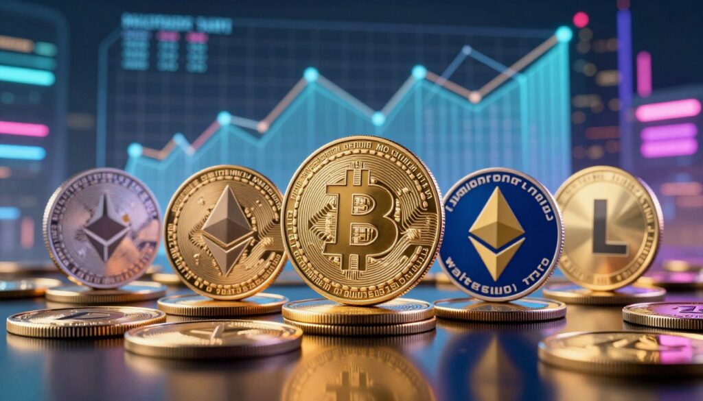 A dynamic representation of cryptocurrency as various digital coins, showcasing a collection of popular cryptocurrencies like Bitcoin, Ethereum, and Litecoin, prominently displayed in the foreground. The coins are polished and gleaming, reflecting light with intricate designs that embody their uniqueness. In the middle ground, a stylized digital environment with abstract charts and blockchain graphics subtly highlighted, conveying a sense of technological sophistication. The background features a futuristic cityscape illuminated by neon lights, suggesting innovation and progress. The lighting is bright and vibrant, with a slight glow enhancing the coins, creating an energetic atmosphere. The overall mood is hopeful and forward-looking, embodying the potential of digital currencies. The brand name "walterbortz" should be subtly integrated into the design.