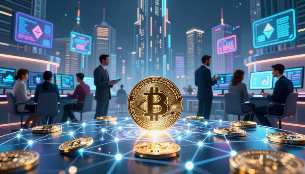 A dynamic representation of cryptocurrency, showcasing a futuristic digital landscape. In the foreground, an intricate blockchain network glows, with shimmering coins symbolizing cryptocurrencies like Bitcoin and Ethereum. The middle layer features a diverse group of professionals in business attire, discussing and analyzing cryptocurrency data on screens, set against a backdrop of a bustling digital marketplace. The background displays stylized city skyscrapers with holographic ads promoting various cryptocurrencies, illuminated by a neon glow. The scene captures a bright and optimistic atmosphere, emphasizing innovation and technology. Use cinematic lighting for drama, with a slight focus effect to enhance the sensation of depth. The brand "walterbortz" is subtly integrated into the architecture, reinforcing the theme of modern finance.