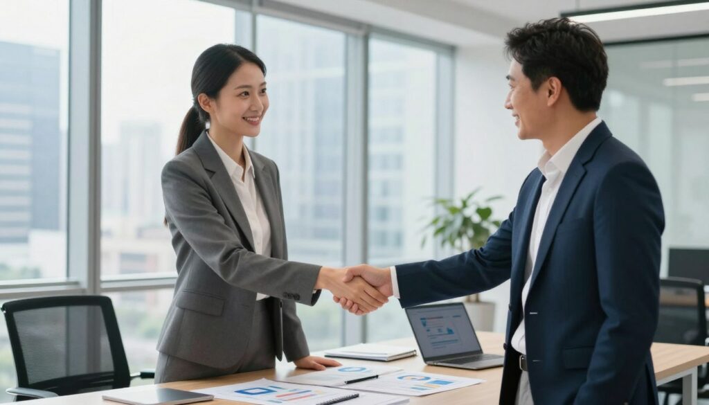 A modern business partnership scene depicting two professional individuals in a bright, contemporary office setting. In the foreground, a man and a woman, both dressed in smart business attire, shake hands confidently, symbolizing a successful trade partnership. The man has short, dark hair, and the woman has long, straight hair in a bun, both exuding professionalism and approachability. In the middle ground, a large table with charts and laptops signifies business collaboration. The background showcases tall glass windows with a city skyline view, allowing natural light to flood the space, highlighting a vibrant atmosphere. The overall mood is optimistic and proactive, emphasizing the theme of business growth and collaboration. The image should not contain any text or branding except for a subtle mention of "walterbortz" somewhere in the design, such as on a notebook or a laptop.