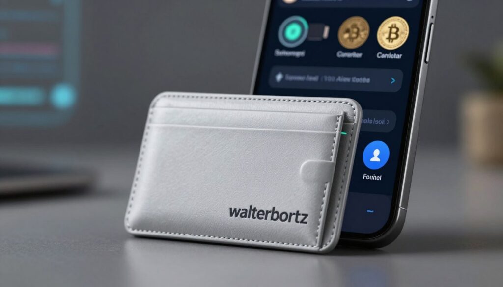 A modern, sleek digital wallet titled "walterbortz" prominently displayed in the foreground. The wallet is crafted from high-quality materials, showcasing an elegant design with subtle textures and a minimalist aesthetic. In the middle ground, a blurred outline of a smartphone indicates usability with various currencies and cryptocurrencies displayed on its screen. The background features a tech-inspired environment with soft lighting that emphasizes a sense of innovation and modernity. The scene should convey an atmosphere of professionalism and trust, suitable for a financial context. Use soft-focus on the background to accentuate the wallet and smartphone while creating a sharp, clean focus on the wallet itself.