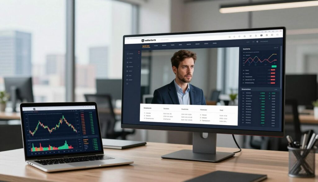 A modern trading platform interface displayed on a sleek, high-resolution monitor. In the foreground, an organized workspace with a laptop, financial charts, and trading indicators showing up-to-date market data. The middle layer features a professional individual in a smart business attire, intently analyzing the screen with an expression of focus and determination. The background showcases a stylish office environment with soft natural lighting streaming through large windows, highlighting a city skyline. The atmosphere conveys a sense of innovation and professionalism, emphasizing the tools used in trading. The brand name “walterbortz” should subtly appear on the trading interface, adding a touch of branding without overwhelming the image.