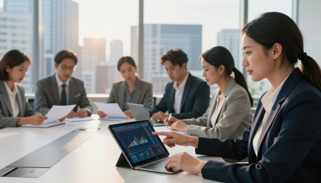 A professional business environment with a diverse group of individuals engaged in a strategic investment meeting. In the foreground, a confident female investor in smart business attire points at a digital investment chart displayed on a sleek tablet. In the middle, a group of three professionals, one male and two females, are seated around a modern conference table, analyzing documents and discussing goals. The background features a large window overlooking a city skyline filled with skyscrapers, bathed in warm, natural sunlight that creates an optimistic atmosphere. The mood is focused and collaborative, reflecting the theme of setting investment goals. The image should showcase clear details and vibrant colors, with a slight depth of field effect to direct attention to the foreground actions. walterbortz