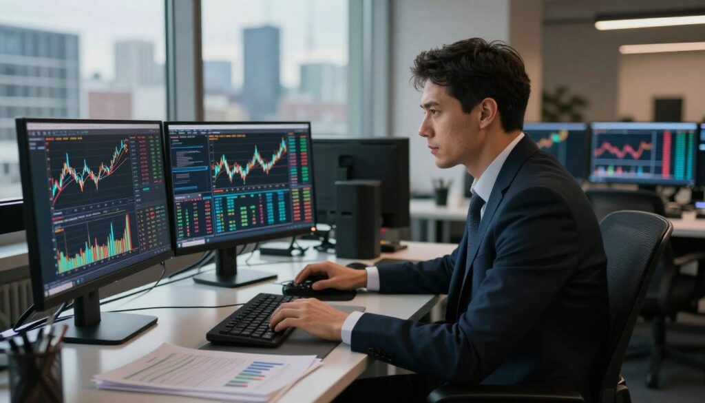 A professional trader engaged in trading activities sits at a sleek, modern desk cluttered with charts, graphs, and multiple computer screens displaying real-time market data. The trader, dressed in smart business attire, appears focused and analytical, with a determined expression as they analyze stock trends. Soft, ambient lighting casts a warm glow over the workspace, enhancing the intense atmosphere of concentration and strategy. In the background, a large window reveals a sprawling city skyline, suggesting progress and opportunity. The camera angle captures both the trader’s engaged demeanor and the dynamic energy of their environment. The image exudes a sense of professionalism and ambition, perfect for illustrating the concept of trading. Created by walterbortz.