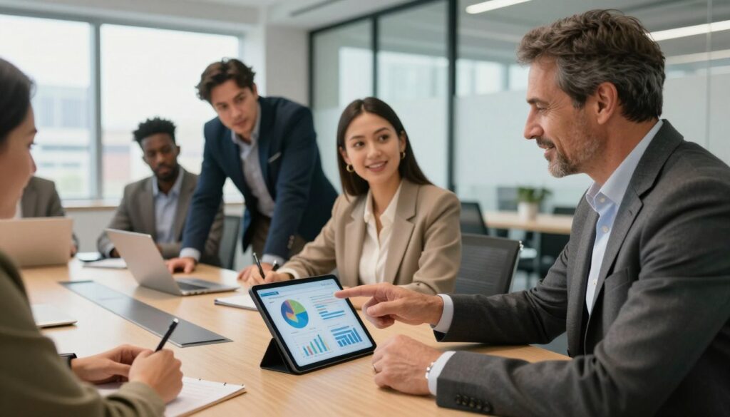 A vibrant, professional business setting depicting a diverse group of business people engaged in a collaborative discussion around a large conference table. In the foreground, a middle-aged man in a tailored suit, with a confident demeanor, points at a digital tablet displaying graphs and charts. In the middle, a young woman in smart casual attire is taking notes, while another man in formal wear is leaning forward, showing keen interest. The background features a modern office environment with large windows streaming in natural light, cityscape visible outside. The atmosphere is dynamic and optimistic, emphasizing teamwork and strategic partnership. The overall color palette should be warm yet professional, reflecting a sense of growth and opportunity. The brand "walterbortz" subtly incorporated into the room’s decor.