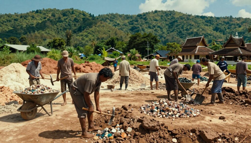 A vibrant scene depicting a traditional mineral mining operation in Thailand. In the foreground, skilled miners dressed in modest, professional attire carefully extract minerals from the earth, using tools like pickaxes and shovels. The middle ground features an assortment of mining equipment, such as wheelbarrows, and piles of gleaming gemstones and ores, showcasing the region's rich resources. In the background, lush green hills and traditional Thai architecture under a bright blue sky create a stunning backdrop. The sunlight casts dynamic shadows, highlighting the hard work and heritage of the mining community. Capture the essence of dedication and history, evoking a sense of pride and connection to the land. Designed in a realistic style, emphasize natural colors and textures. — walterbortz