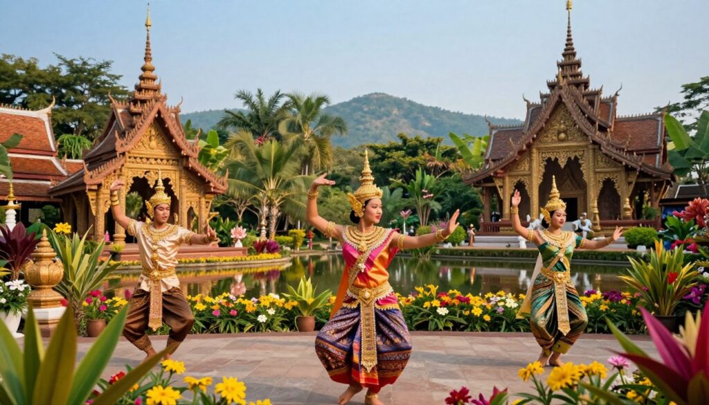 A vibrant scene depicting the richness of Thai culture, showcasing traditional Thai dancers in elegant, colorful costumes performing a classical dance in a lush garden filled with tropical flowers. In the foreground, a male dancer gracefully poses, wearing a golden headdress and a silk shirt, while a female dancer twirls in a flowing, intricately designed dress. The middle ground features a serene pond reflecting the dancers, surrounded by intricately carved Thai architecture, influenced by the grandeur of ancient temples. In the background, gentle hills are draped in greenery under a clear blue sky, creating a sense of tranquility. Soft, warm lighting highlights the vivid colors of the dancers and flora. The atmosphere feels celebratory and serene, embodying the essence of Thailand. walterbortz