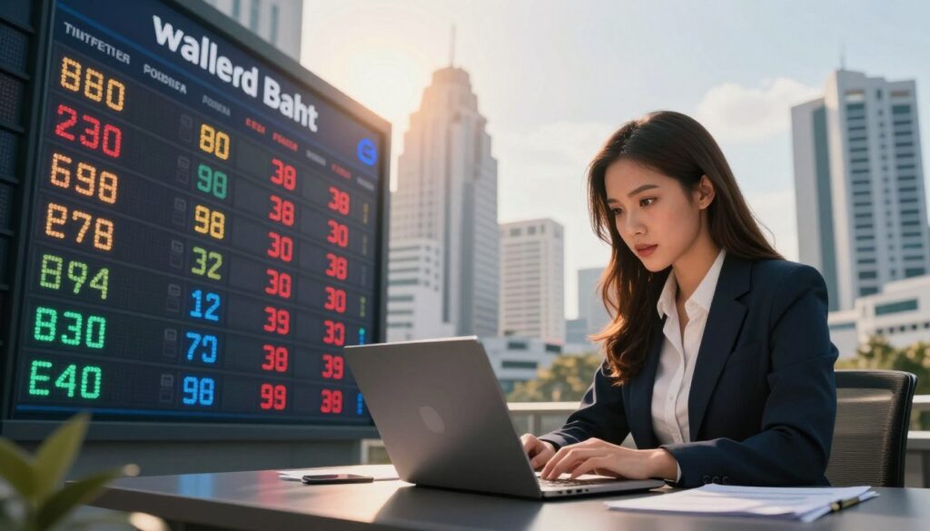 A visually compelling and informative illustration of the foreign exchange rates, specifically focusing on the Thai currency. In the foreground, display a digital currency exchange board with bright LED numbers showcasing various currency pairs, particularly focusing on the Thai Baht. In the middle ground, a professional-looking businesswoman in formal attire is analyzing market trends on a laptop, her expression concentrated and engaged. The background features a dynamic city skyline, hinting at an economic environment, with soft sunlight filtering through the buildings, creating a warm and inviting atmosphere. Use a wide-angle lens effect to capture depth, emphasizing both the exchange board and the businesswoman while maintaining a balanced composition. Create a sense of professionalism and urgency within the frame. The brand name "walterbortz" is subtly integrated into the design, enhancing the financial theme.