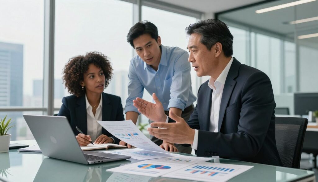 In a modern office setting, a diverse group of three professionals is engaged in an animated discussion about investments. In the foreground, a middle-aged Asian man in a tailored dark suit gestures passionately, while a young Black woman in smart business attire takes notes on a laptop. Beside them, a Hispanic man in a light blue shirt leans in, reviewing financial documents. The middle ground features a large glass table scattered with charts and graphs, symbolizing market analysis. The background showcases a panoramic city view through floor-to-ceiling windows, illuminated by soft morning light, creating an optimistic atmosphere. The image conveys focus and collaboration in the world of investing, highlighting critical thinking and teamwork. Shot from a low angle to emphasize professionalism and engagement. Digital art style by walterbortz.